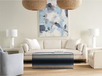 Rowe - Beige Sofa With Plush Cushions Under Abstract Art, Flanked By White Lamps, Grey And Beige Armchairs, Home Decor