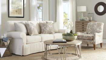 Rowe - Beige Sofa With Starfish Pillows Near Wooden Console Table, Armchair, Round Coffee Table, Home Decor, Living Room Setup
