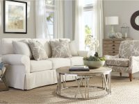 Rowe - Beige Sofa With Starfish Pillows Near Wooden Console Table, Armchair, Round Coffee Table, Home Decor, Living Room Setup