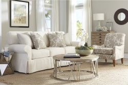Rowe - Beige Sofa With Starfish Pillows Near Wooden Console Table, Armchair, Round Coffee Table, Home Decor, Living Room Setup