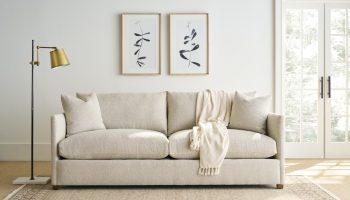 Rowe - Beige Sofa With Throw Blanket Under Framed Art Near Large Window, Home Decor, Upholstery