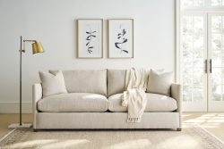 Rowe - Beige Sofa With Throw Blanket Under Framed Art Near Large Window, Home Decor, Upholstery