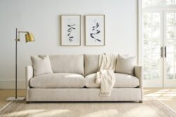Rowe - Beige Sofa With Throw Blanket Under Framed Art Near Large Window, Home Decor, Upholstery