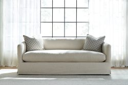 Rowe - Beige Sofa With Two Checkered Pillows In Front Of Large Window Home Decor Upholstery