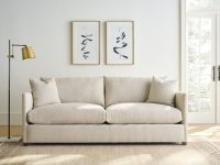 Rowe - Beige Sofa With Two Pillows Under Framed Art Near Floor Lamp And Large Window, Home Decor