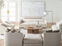 Rowe - Beige Sofas And Armchairs Around Wooden Coffee Table With Modern Decor Under Abstract Art In Living Room