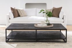 Rowe - Black Coffee Table With Lower Shelf On Light Rug In Front Of White Sofa With Brown And Beige Cushions