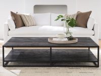 Rowe - Black Coffee Table With Lower Shelf On Light Rug In Front Of White Sofa With Brown And Beige Cushions