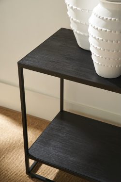 Rowe - Black Console Table With Two Shelves Displaying White Textured Vases Home Decor