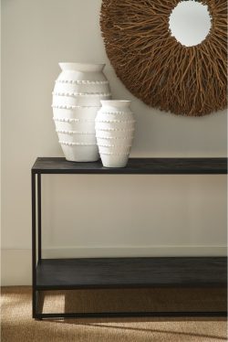Rowe - Black Console Table With White Textured Vases Under Round Mirror Home Decor