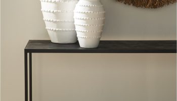 Rowe - Black Console Table With White Textured Vases Under Round Mirror Home Decor