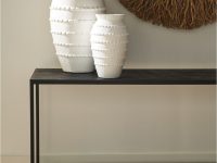 Rowe - Black Console Table With White Textured Vases Under Round Mirror Home Decor