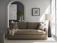 Rowe - Brown Fabric Sofa With Plush Cushions And Throw Blanket Near Floor Lamp In Modern Living Room