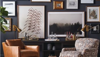 Rowe - Brown Leather Armchair And Patterned Armchair Under Wall Art Gallery Near Console Table Home Decor