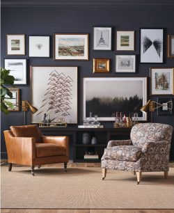 Rowe - Brown Leather Armchair And Patterned Armchair Under Wall Art Gallery Near Console Table Home Decor