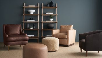 Rowe - Brown Leather Armchairs And Ottomans With Wooden Console Table And Decor Against Teal Wall