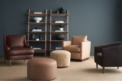 Rowe - Brown Leather Armchairs And Ottomans With Wooden Console Table And Decor Against Teal Wall