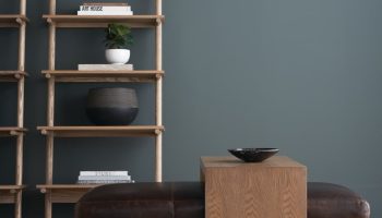 Rowe - Brown Leather Ottoman With Wooden Table Near Wooden Shelves With Decor Items Home Decor