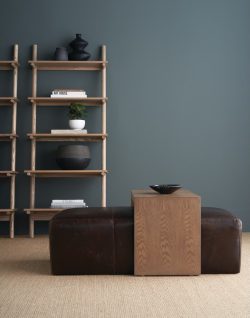Rowe - Brown Leather Ottoman With Wooden Table Near Wooden Shelves With Decor Items Home Decor