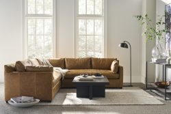 Rowe - Brown Leather Sectional Sofa With Plush Cushions And Coffee Table In Modern Living Room Near Large Windows