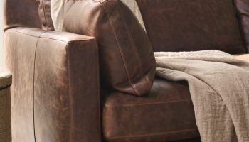 Rowe - Brown Leather Sofa With Plush Cushions And Throw Blanket Near Large Window