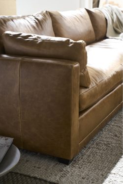 Rowe - Brown Leather Sofa With Plush Cushions On Light Rug Near Window, Home Decor