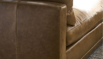 Rowe - Brown Leather Sofa With Plush Cushions On Light Rug Near Window, Home Decor