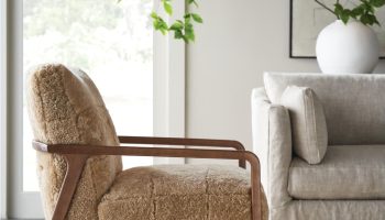 Rowe - Brown Shaggy Armchair With Wooden Frame Near Beige Sofa On Woven Rug Home Decor
