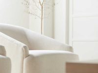 Rowe - Cream Upholstered Armchair With Wooden Base Near Indoor Tree, Home Decor