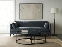 Rowe - Dark Blue Sofa With Plush Cushions Under Abstract Art Near Floor Lamp Home Decor