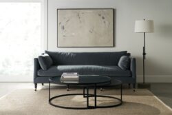Rowe - Dark Blue Sofa With Plush Cushions Under Abstract Art Near Floor Lamp Home Decor