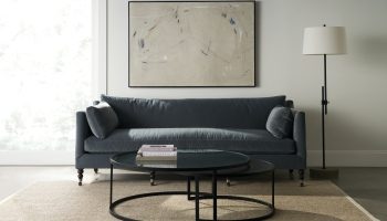 Rowe - Dark Blue Sofa With Plush Cushions Under Abstract Art Near Floor Lamp Home Decor