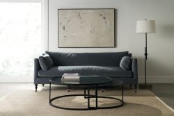 Rowe - Dark Blue Sofa With Plush Cushions Under Abstract Art Near Floor Lamp Home Decor