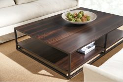 Rowe - Dark Wood Coffee Table With Black Metal Frame Under White Sofa With Decorative Bowl On Top