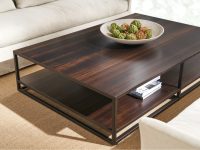 Rowe - Dark Wood Coffee Table With Black Metal Frame Under White Sofa With Decorative Bowl On Top