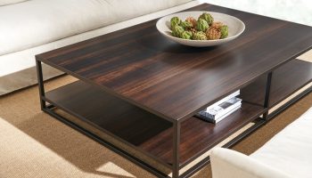 Rowe - Dark Wood Coffee Table With Black Metal Frame Under White Sofa With Decorative Bowl On Top