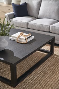 Rowe - Dark Wood Coffee Table With Books And Decor On Woven Rug Near Grey Sofa With Blue Pillow