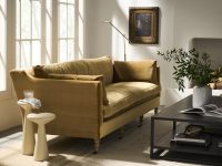 Rowe - Golden Velvet Sofa With Plush Cushions Near Large Window And Black Coffee Table Home Decor