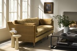 Rowe - Golden Velvet Sofa With Plush Cushions Near Large Window And Black Coffee Table Home Decor