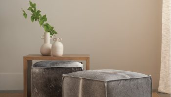 Rowe - Gray Cowhide Ottomans Under Wooden Console Table With White Vases And Green Leaves, Home Decor