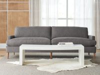 Rowe - Gray Sofa With Wooden Legs, White Geometric Coffee Table, Cowhide Rug, Under Large Window With Curtains, Home Decor