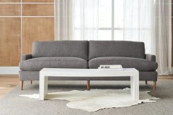 Rowe - Gray Sofa With Wooden Legs, White Geometric Coffee Table, Cowhide Rug, Under Large Window With Curtains, Home Decor