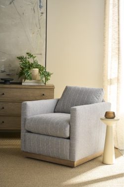 Rowe - Gray Striped Armchair With Wooden Base Near Wooden Dresser And White Side Table In Home Decor Setting