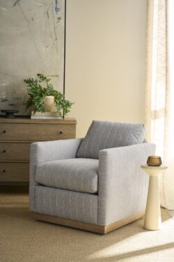 Rowe - Gray Striped Armchair With Wooden Base Near Wooden Dresser And White Side Table In Home Decor Setting