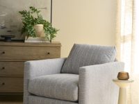 Rowe - Gray Striped Armchair With Wooden Base Near Wooden Dresser And White Side Table In Home Decor Setting