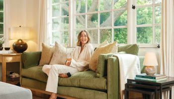 Rowe - Green Velvet Sofa With Beige And Yellow Pillows Under Large Windows Near Side Table Home Decor