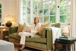 Rowe - Green Velvet Sofa With Beige And Yellow Pillows Under Large Windows Near Side Table Home Decor