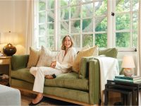 Rowe - Green Velvet Sofa With Beige And Yellow Pillows Under Large Windows Near Side Table Home Decor