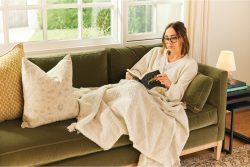 Rowe - Green Velvet Sofa With Beige Throw And Pillows Near Window, Home Decor, Upholstery, Cozy Living Room