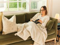 Rowe - Green Velvet Sofa With Beige Throw And Pillows Near Window, Home Decor, Upholstery, Cozy Living Room